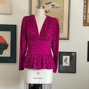 Vintage Fucshia & Black Plunging Ruched Top S